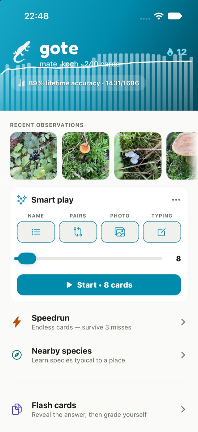 The gote home screen — a strip of recent observations above the Smart play card, with its four question types and a round-length slider