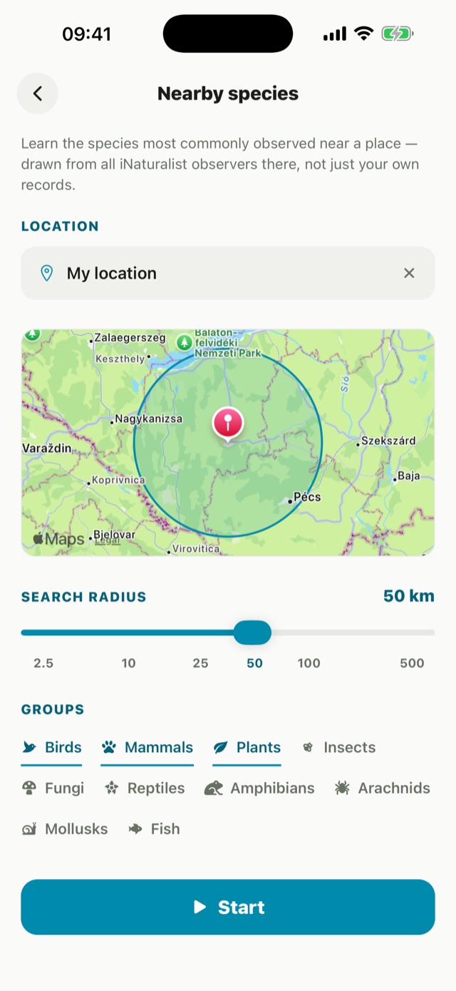 gote nearby-species setup — a map with a location pin and a search radius