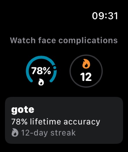 gote Apple Watch complications — accuracy ring and streak on the watch face
